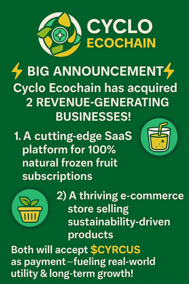 cycloecochain's tweet photo. 🚨BIG NEWS from Cyclo Ecochain!
We’ve just acquired 2 real-world revenue-generating businesses to fuel sustainable growth🌱
1️⃣A next-gen SaaS platform offering subscriptions for 100% natural frozen fruit.
2️⃣A booming e-commerce store focused on sustainability-driven products. https://t.co/Azitm3l8DK