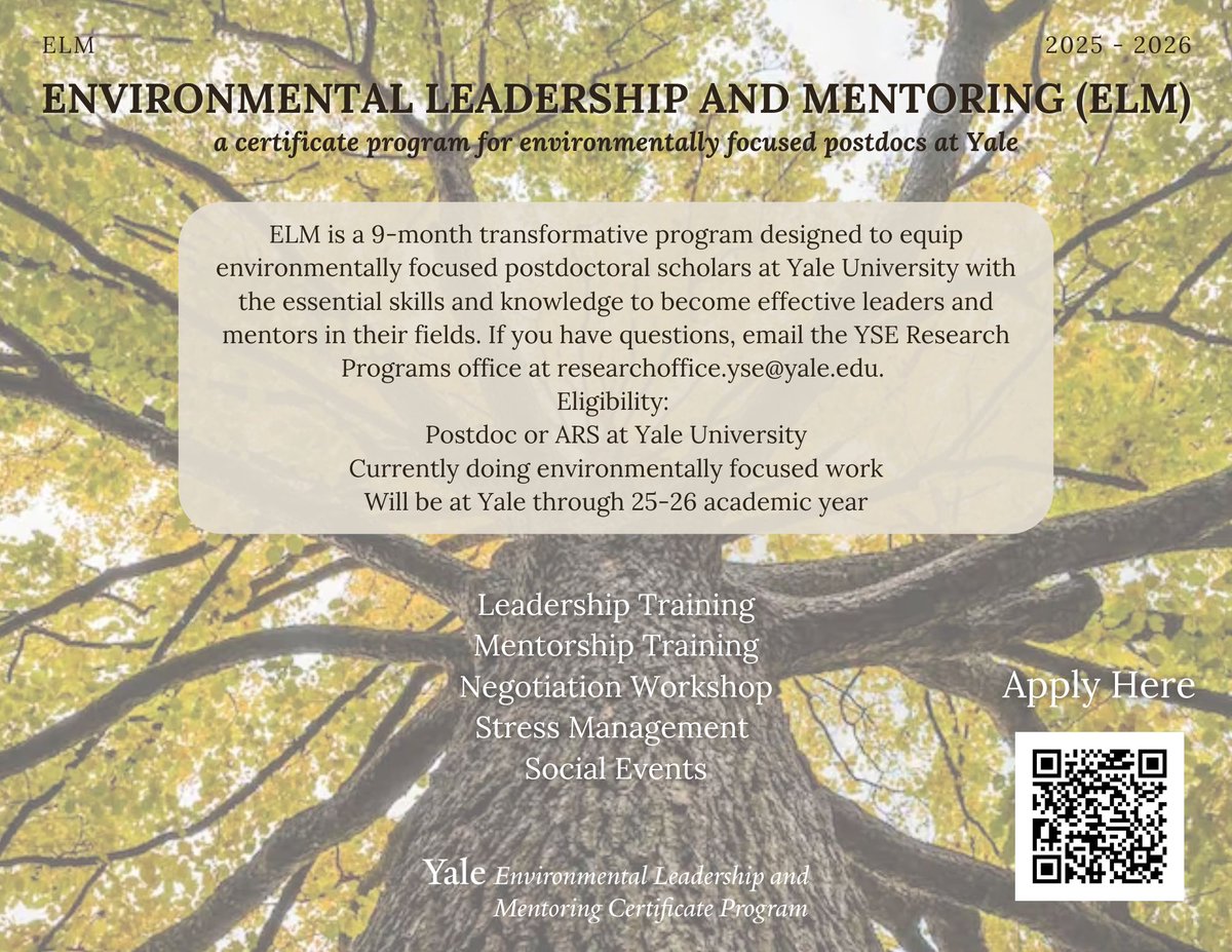 YalePostdocAsso's tweet image. ELM is a 9-month program designed to help environmentally focused postdoctoral scholars at Yale University become effective leaders and mentors. Apply by July 31st. Email researchoffice.yse@yale.edu with q's. Application link: shorturl.at/3V8bJ