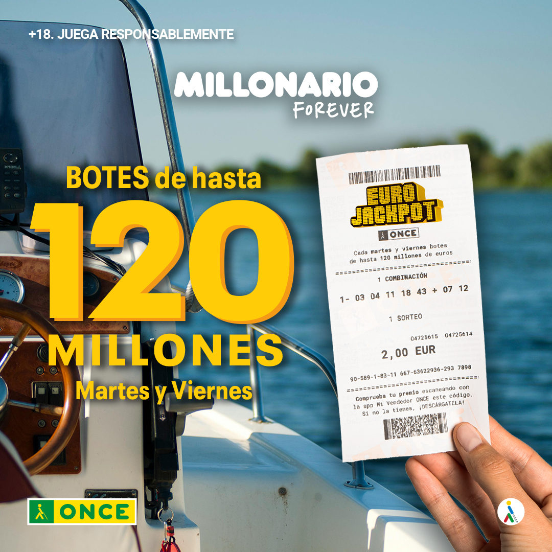 Cada martes y viernes con el #Eurojackpot de la ONCE ➡️ ¡Botes de hasta 𝟏𝟐𝟎.𝟎𝟎𝟎.𝟎𝟎𝟎 €! ¿Ya has probado suerte? Pide tu combinación para el próximo sorteo por solo 2 €. #MillonarioForever