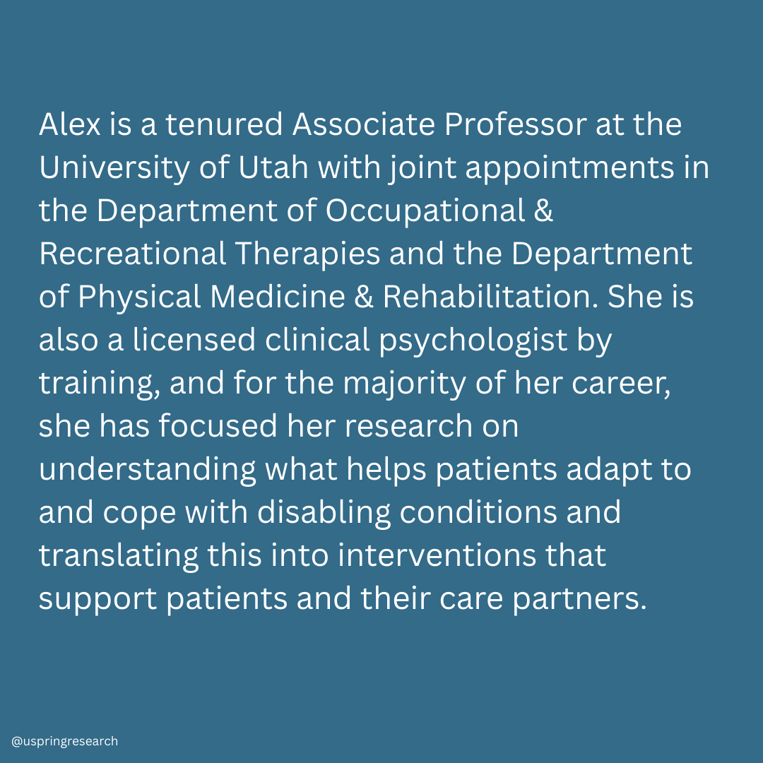 UspringResearch's tweet photo. Meet our research team's Principal Investigator, Alex! 👋

Alex is a tenured Assoc Prof @uofu with joint appointments in the Dept of Occupational &amp; Recreational Therapies &amp; the Dept of Physical Med &amp; Rehab. She is also a licensed clinical psychologist! 
https://t.co/7bmO2M9yvB https://t.co/etXsBBXFB8