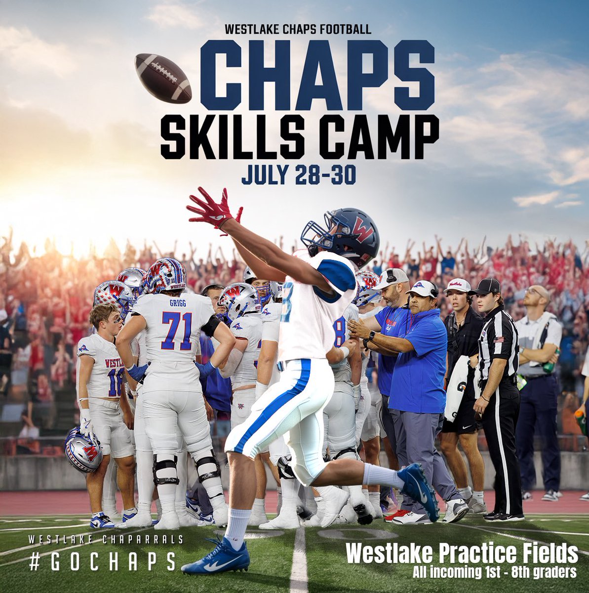 Hey Future Chaps, the Chap Skills Camp is back for all incoming 1st through 8th graders. This is your chance to learn from the Westlake Football Coaching staff. Sign up for camp at the link below and we’ll see you on July 28th. #GoChaps

Sign Up Link ⬇️
tinyurl.com/ChapSkillsCamp