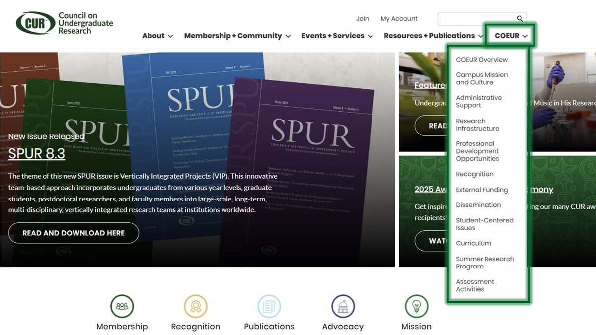 CURinAction's tweet image. Looking for resources to implement and enhance the Characteristics of Excellence at your institution? Check out our new #COEUR pages, which provides #SPURjournal articles plus CUR webinars, resources, and publications for each of the 11 characteristics.
cur.org