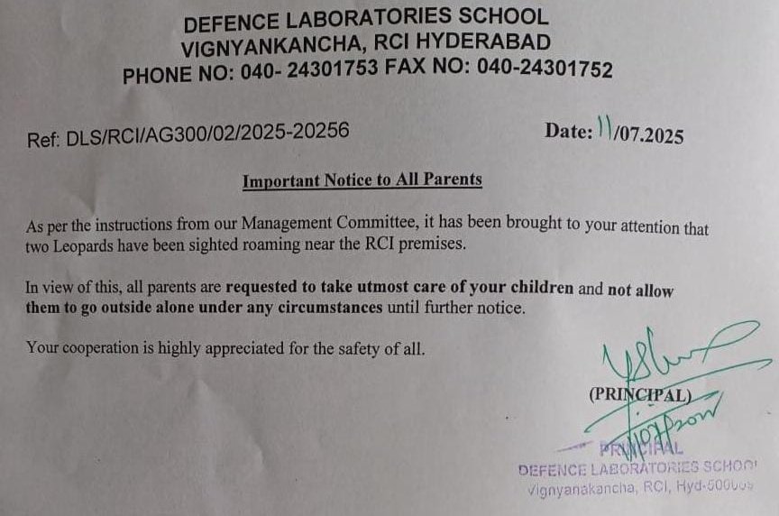 2 #leopards sighted near #RCI campus in #Balapur, #Hyderabad. #Defence Laboratories School, Vignyan Kancha, has issued official advisory urging parents not to allow children outside alone under any circumstances. Parents are requested to take utmost care until further notice.