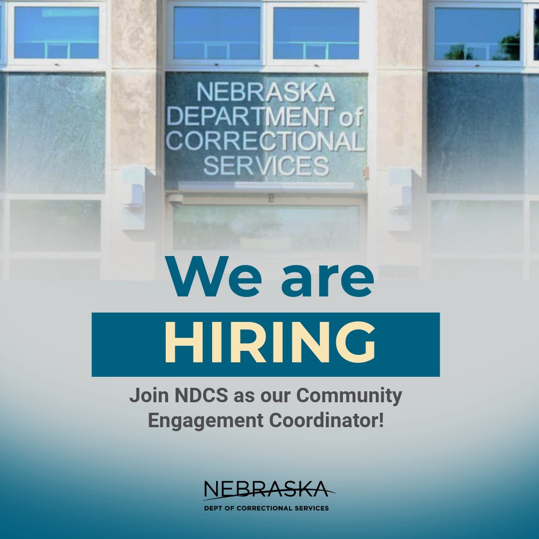 Create a profound impact with us as a Community Engagement Coordinator. This position builds powerful connections within our communities that ignite change.

Don't miss this opportunity, it closes soon! corrections.nebraska.gov/careers
#Hiring #NDCS