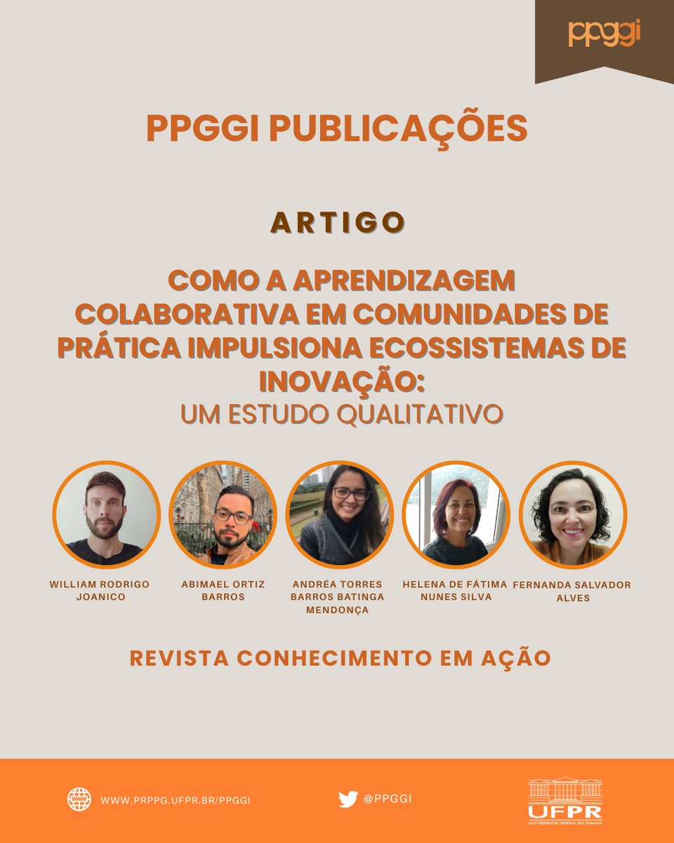 🔎 A pesquisa investiga o impacto da Aprendizagem Colaborativa em Comunidades de Prática no fortalecimento de ecossistemas de inovação.

🔗 Link do artigo: revistas.ufrj.br/index.php/rca/…

#EcossistemasDeInovação #ComunidadesDePrática
#inovacao #PPGGI #ufpr #gestaodainformacao