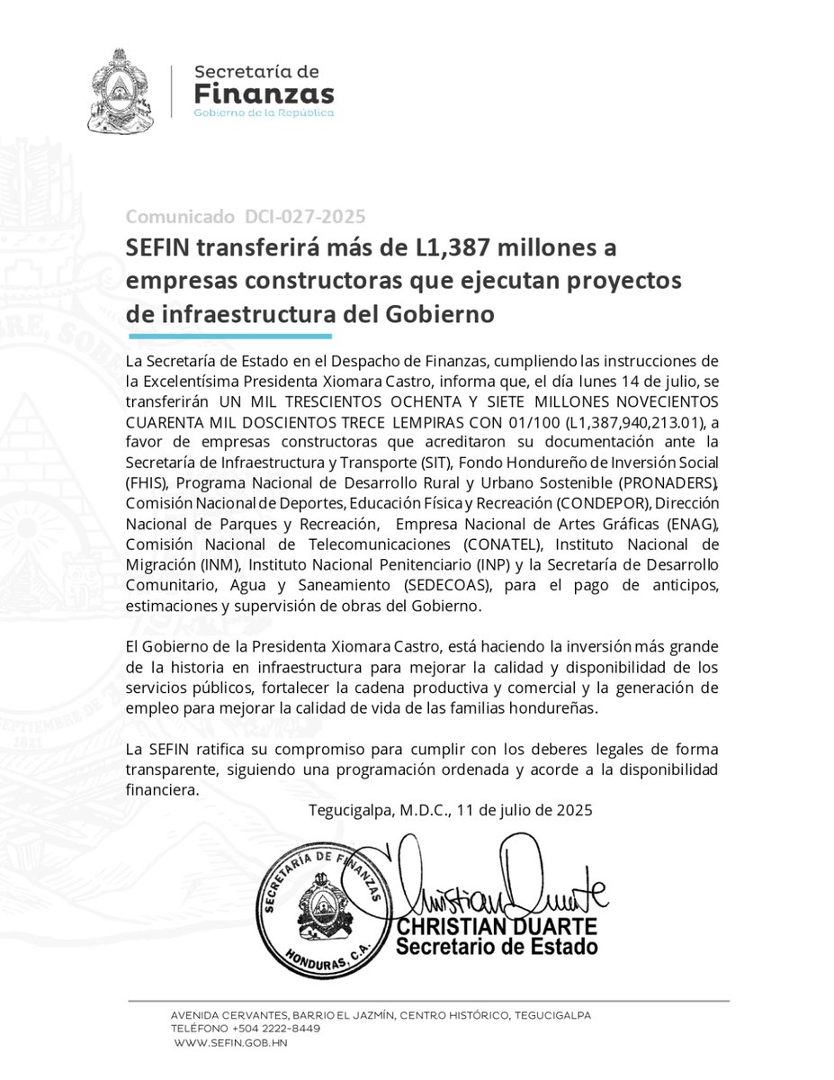 SEFINHN (@sefinhn) on Twitter photo Por instrucciones de la Presidenta <a href="/XiomaraCastroZ/">Xiomara Castro de Zelaya</a>, la SEFIN transferirá el lunes 14 de julio, más de L1,387 millones a empresas constructoras que ejecutan proyectos de infraestructura del <a href="/GobiernoHN/">Gobierno de Honduras</a> para mejorar la calidad y disponibilidad de los servicios públicos, fortalecer Por instrucciones de la Presidenta <a href="/XiomaraCastroZ/">Xiomara Castro de Zelaya</a>, la SEFIN transferirá el lunes 14 de julio, más de L1,387 millones a empresas constructoras que ejecutan proyectos de infraestructura del <a href="/GobiernoHN/">Gobierno de Honduras</a> para mejorar la calidad y disponibilidad de los servicios públicos, fortalecer
