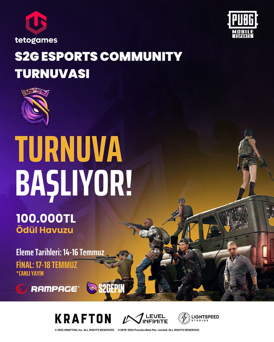 TETO Games (@tetogamestv) on Twitter photo S2G Esports PUBG MOBILE Community Turnuvası başlıyor!🔥
100.000TL değerinde ödül havuzu ve birbirinden önemli Espor takımlarıyla büyük finalde mücadele şansı için hemen TETO Games mobil uygulamasından turnuvaya kayıt ol! <a href="/S2GEspor/">S2G Esports</a>
🗓️14-16 Temmuz elemeler
🦉 17-18 Temmuz Canlı S2G Esports PUBG MOBILE Community Turnuvası başlıyor!🔥
100.000TL değerinde ödül havuzu ve birbirinden önemli Espor takımlarıyla büyük finalde mücadele şansı için hemen TETO Games mobil uygulamasından turnuvaya kayıt ol! <a href="/S2GEspor/">S2G Esports</a>
🗓️14-16 Temmuz elemeler
🦉 17-18 Temmuz Canlı