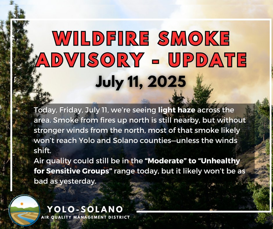 Smoke &amp; Air Quality Update

Smoke from fires up north hit Woodland hardest yesterday. Air improved overnight, but light haze remains.
⚠️ Air may reach Moderate–Unhealthy for Sensitive Groups today.
💨 Better tomorrow as winds shift.

It’s also a Spare the Air Day 7/11- 7/12.