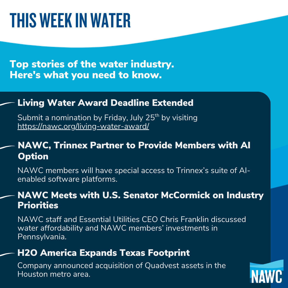 NAWCH2O's tweet image. It's Week in Water time! So much going on this week...here are a few highlights. And be sure to get nominations in ASAP for NAWC's Living Water Awards. nawc.org/living-water-a…