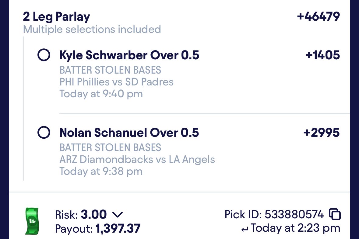 $3 -&gt; $1,397🧨

Crazy odds on these man....yes, it has Less than a 1% chance to hit but the price reflects a better price than what we're paying for it.

Don't be soft.