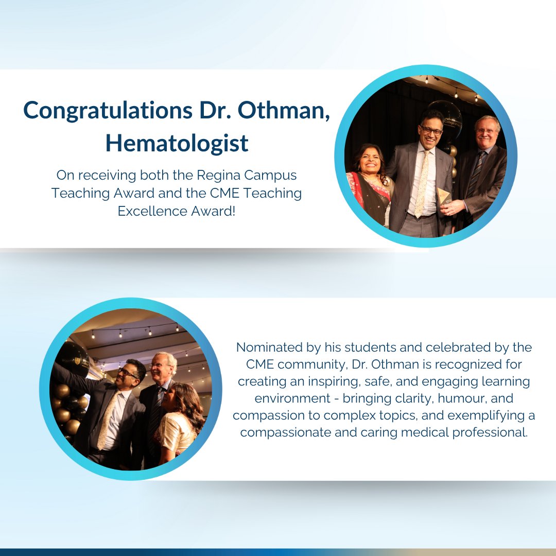 SaskCancer's tweet image. Congratulations to Dr. Othman on receiving the Regina Campus Teaching Award and the Continuing Medical Education (CME) Teaching Excellence Award. 
@USaskMed @usask_CME

#Physician #Hematology #TeachingExcellence