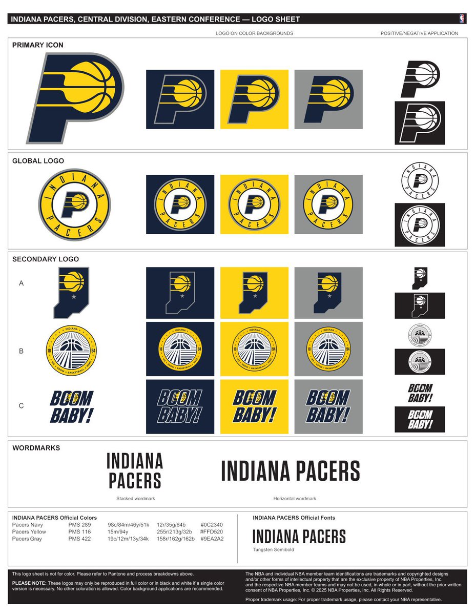PacersUniTrackr's tweet photo. This logo sheets circulating on the same Sports Logos forum appears to confirm the slight color changes (with a correction of #FFD520 rather than #FFCD00).
No significant logo changes, but worth pointing out the official designation of the ‘Boom Baby!’ graphic. https://t.co/vTec2FOmqq
