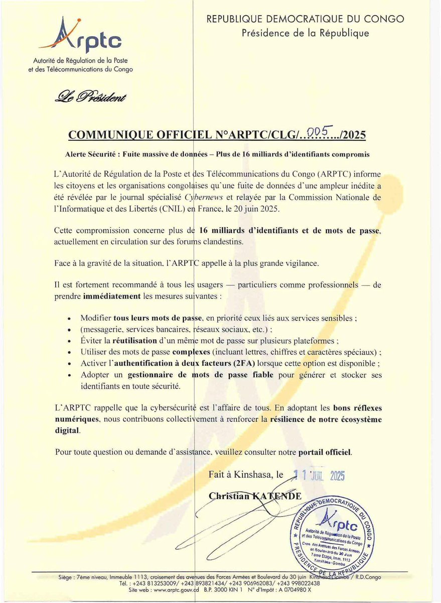 L’ARPTC alerte sur une fuite massive d #données révélée le 20 juin 2025, impliquant plus de 16 milliards d’identifiants en circulation sur des forums clandestins. Elle appelle les usagers à changer leurs mots de passe, activer la double authentification et adopter d mots de passe