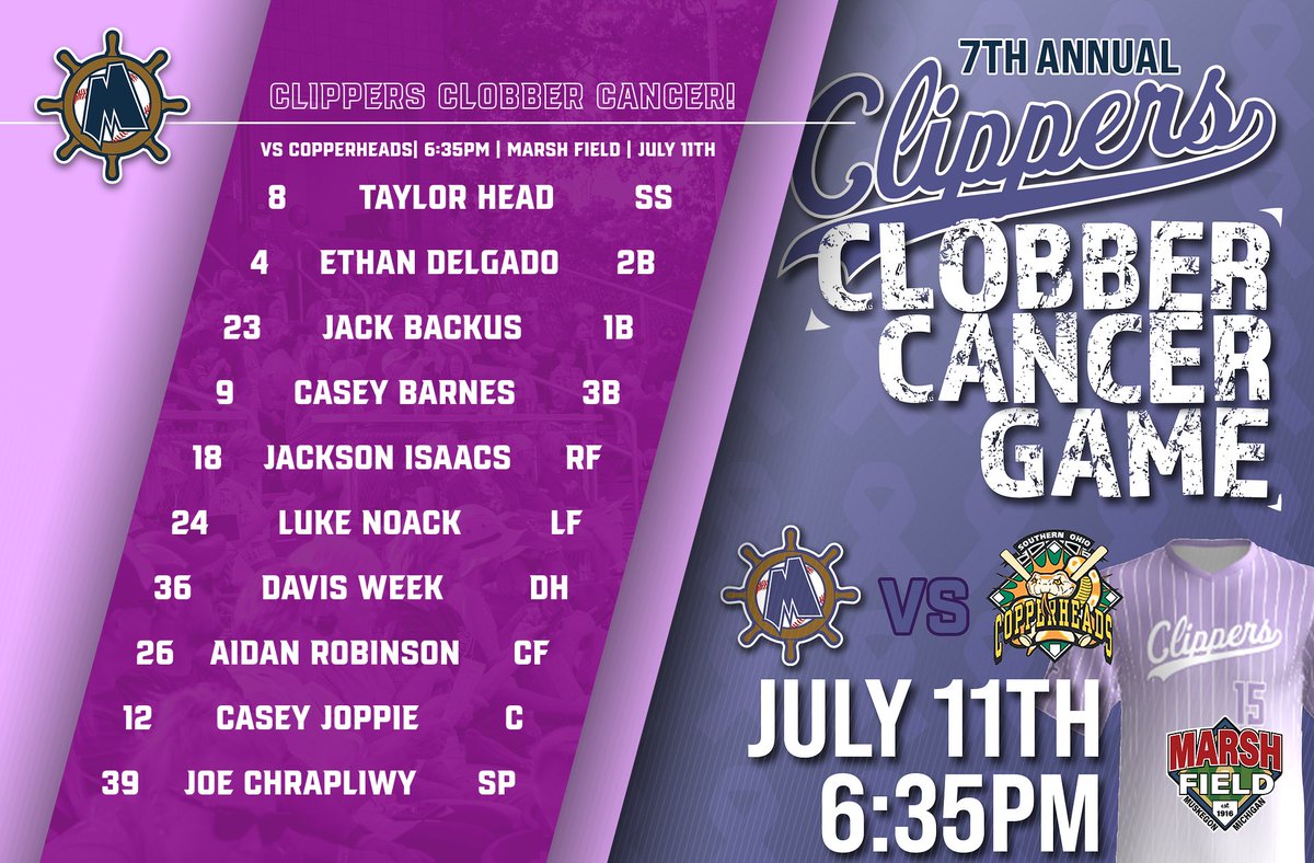 Lineup for tonight's Clippers Clobber Cancer game at Marsh Field vs the Copperheads! First pitch is 6:35pm, gates open at 5:30!
We will have limited edition jerseys, hats, and t-shirts for sale with proceeds going to the Helen Devos Children's Hospital Cancer Center!
#clipsarehot