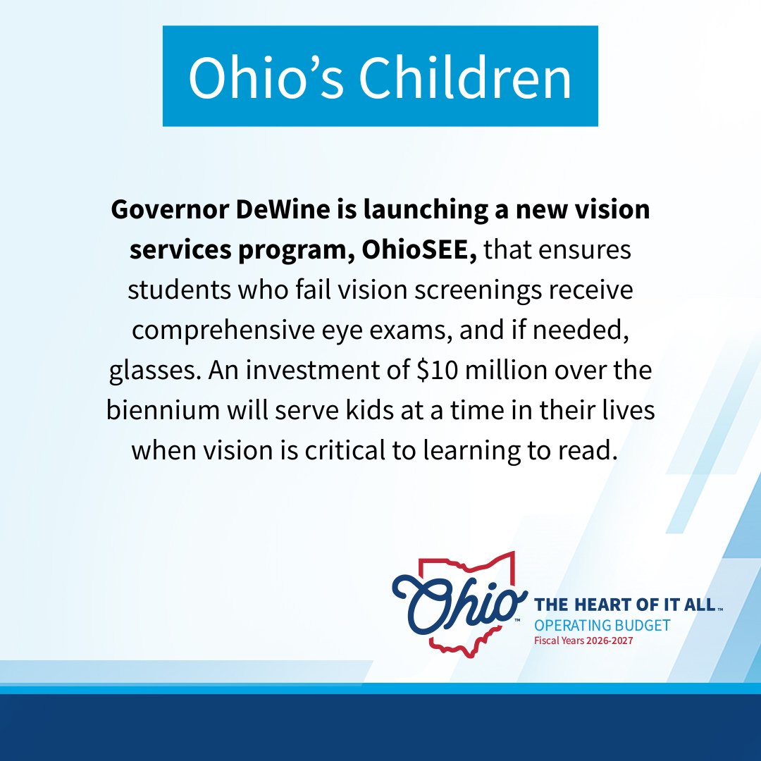 GovMikeDeWine's tweet image. Right now, too many Ohio students who fail a vision screening at their school never receive follow-up care. The new OhioSEE program will help ensure more kids with vision problems get support to see clearly.
