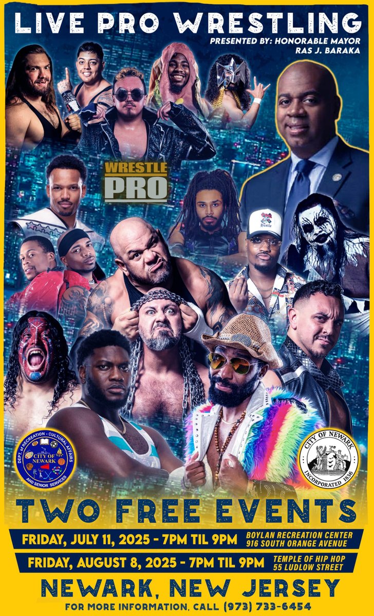 CityofNewarkNJ's tweet image. Get ready for high-energy entertainment as Live Pro Wrestling returns!
🗓️ Fri, July 11
📍 Boylan St Recreation Center
🕖 7:00 PM – 9:00 PM
FREE & open to public.
Questions? 973-733-6454
Witness some of region’s top wrestling talent live and up close.
#actionpacked #newarknj