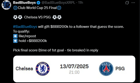 @Cryptomag4you (@cryptomag4you) on Twitter photo Sports fans & crypto enthusiasts, unite!
Predict football matches & win #BBB!
To qualify:
Follow <a href="/BadBlueBoysXRPL/">BadBlueBoys</a>
Like & repost
Hold >$BBB200k
#FootballBetting #CryptoGiveaway
#MemesOnXRP #Bridge2XRPL #XRPMemes Sports fans & crypto enthusiasts, unite!
Predict football matches & win #BBB!
To qualify:
Follow <a href="/BadBlueBoysXRPL/">BadBlueBoys</a>
Like & repost
Hold >$BBB200k
#FootballBetting #CryptoGiveaway
#MemesOnXRP #Bridge2XRPL #XRPMemes