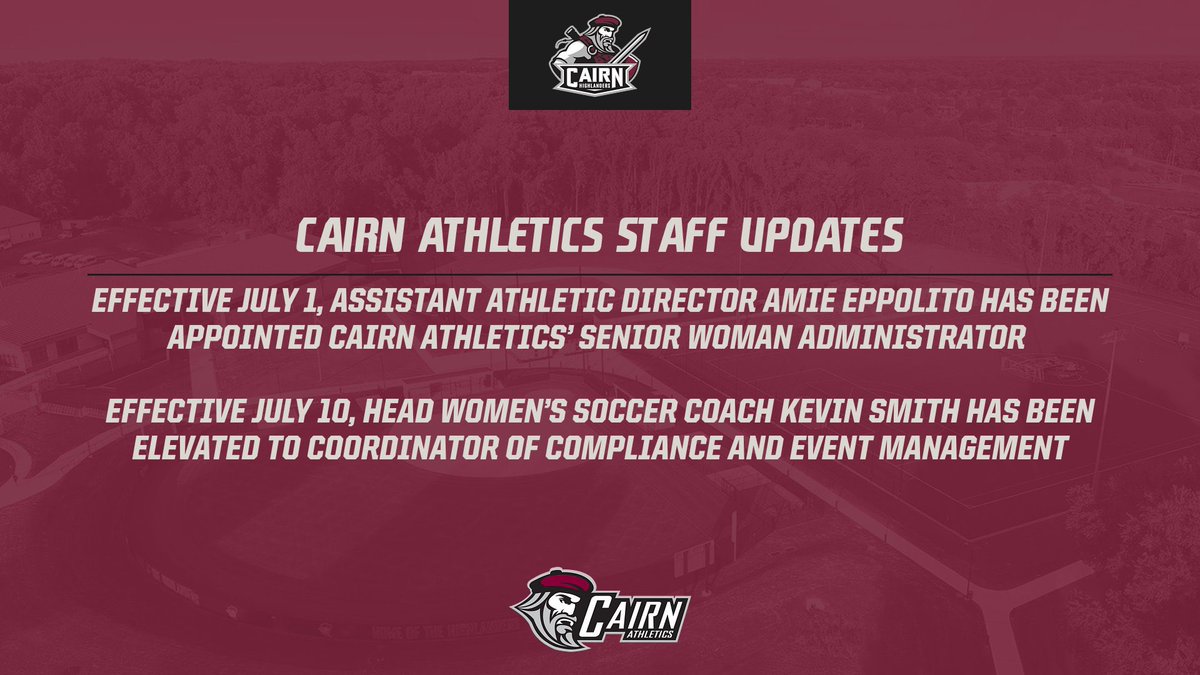 Cairn Athletics is happy to announce new titles for two of our staff members: 

Assistant Athletic Director Amie Eppolito has been appointed Cairn Athletics’ Senior Woman Administrator, effective July 1, 2025.

Head Women’s Soccer Coach Kevin Smith will assume the role of