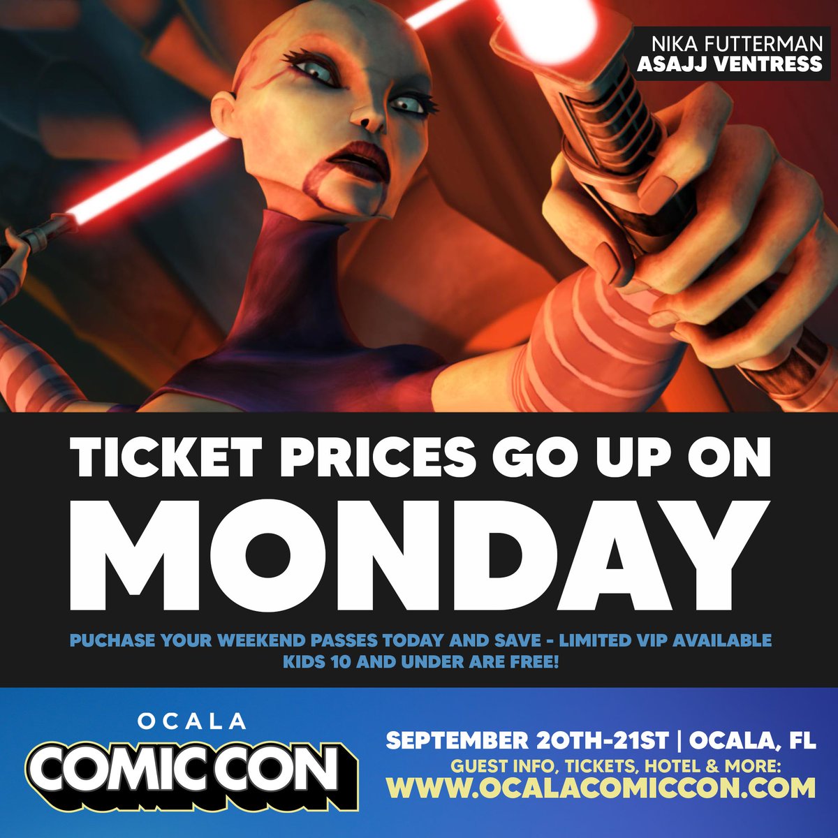 OcalaComicCon's tweet image. Star Wars fans get ready! Here is your chance to meet the voice of Asajj Ventress at Ocala Comic Con! Nika Futterman will be attending the entire weekend of the event.
To view the current guest list and pre-order tickets, please visit: ocalacomiccon.com