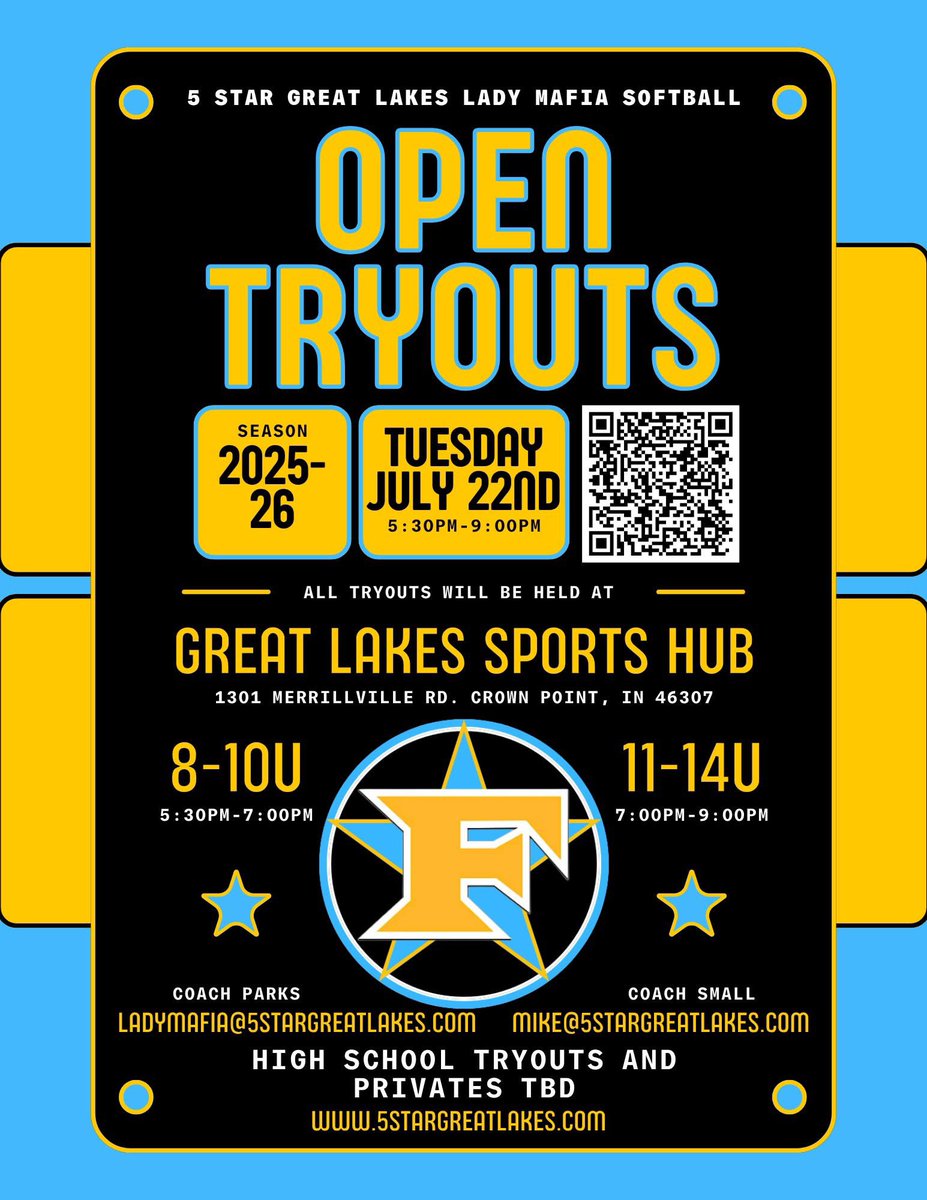 aeparkinson's tweet photo. Make sure to use the QR Code to sign up for tryouts! 

#softball #LadyMafia #10u #indianatravel #fivestar https://t.co/xFPozEoxHT