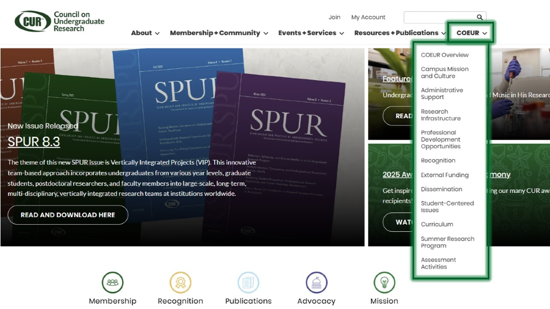 CURinAction's tweet image. Looking for resources to implement and enhance the Characteristics of Excellence at your institution? Check out our new #COEUR pages, which provides #SPURjournal articles plus CUR webinars, resources, and publications for each of the 11 characteristics.
cur.org