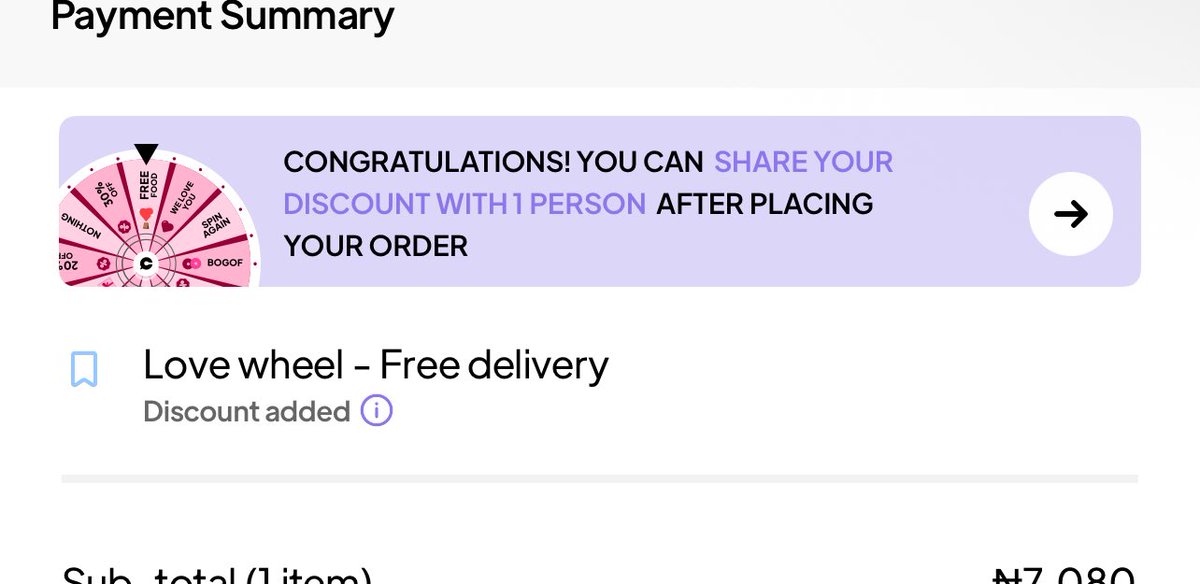 realmeggee's tweet image. I love @chowdeck ‘s spin the wheel… I just got free delivery 🤭🤭🤭