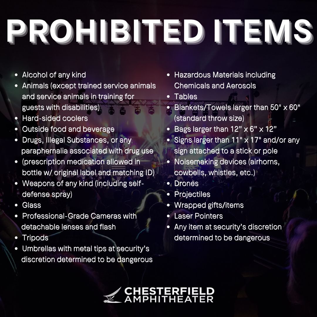 Here's what you need to Know Before You Go to the Chesterfield Amphitheater tonight for the Silver Bullet concert with Stand Back opening the night! 🎶 

💦 No limit on factory sealed water bottles! Refilled water bottles allowed! There are water fill stations onsite