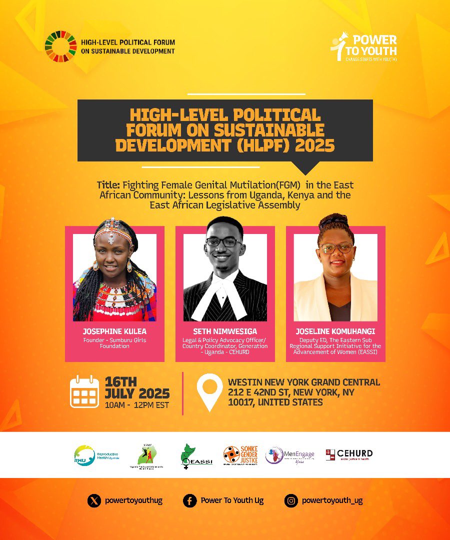 Join CEHURD and partners at the 2025 UN High-Level Political Forum on #SDGs for a vital discussion on ending Female Genital Mutilation in East Africa! 🌍✊
📍 Venue: Westin New York Grand Central, 212 E 42nd St, New York, NY 10017, United States

Co-hosted by <a href="/powertoyouthug/">PowerToYouthUg</a>,