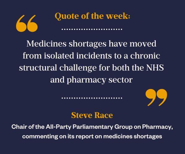 The Pharmaceutical Journal (@pjonline_news) on Twitter photo This week's 'quote of the week' is from <a href="/steveracemp/">Steve Race MP 💙💛</a>, chair of the <a href="/APPGPharmacy/">All-Party Pharmacy Group</a> commenting on its report on #medicinesshortages, published on 8 July 2025
pharmaceutical-journal.com/article/news/m… This week's 'quote of the week' is from <a href="/steveracemp/">Steve Race MP 💙💛</a>, chair of the <a href="/APPGPharmacy/">All-Party Pharmacy Group</a> commenting on its report on #medicinesshortages, published on 8 July 2025
pharmaceutical-journal.com/article/news/m…