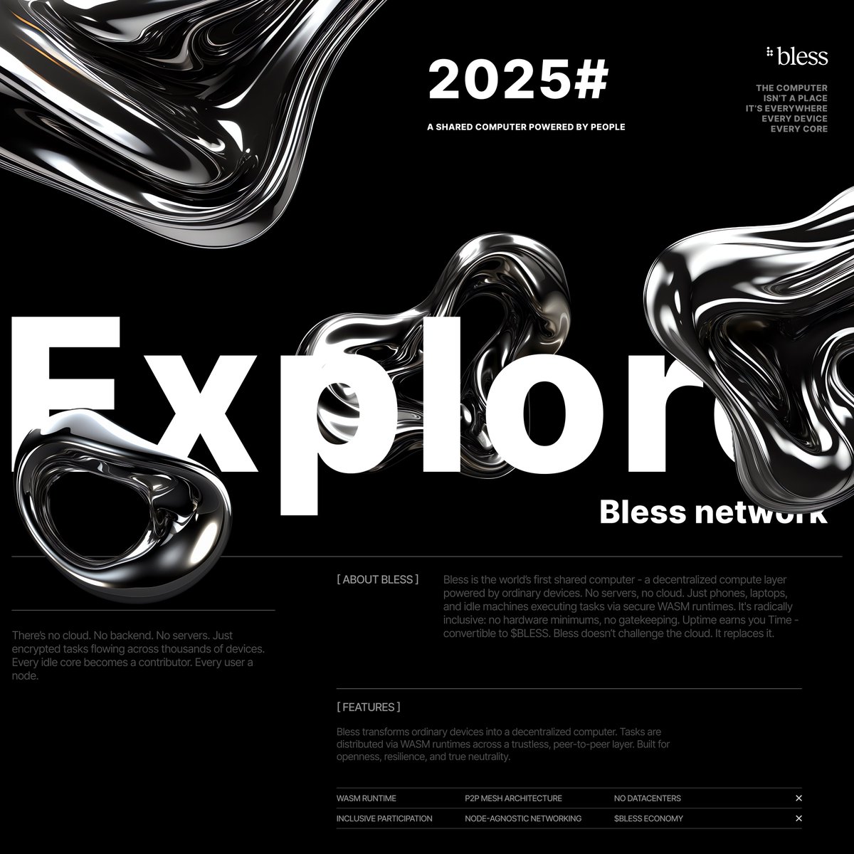 Not a network. Not a cloud. A shared computer.

Most decentralized networks rely on data centers or expensive GPU farms. <a href="/theblessnetwork/">Bless</a>  flips that model - turning your phone, your laptop, your old PC into part of a global compute layer.

⤷ Tasks are distributed across random