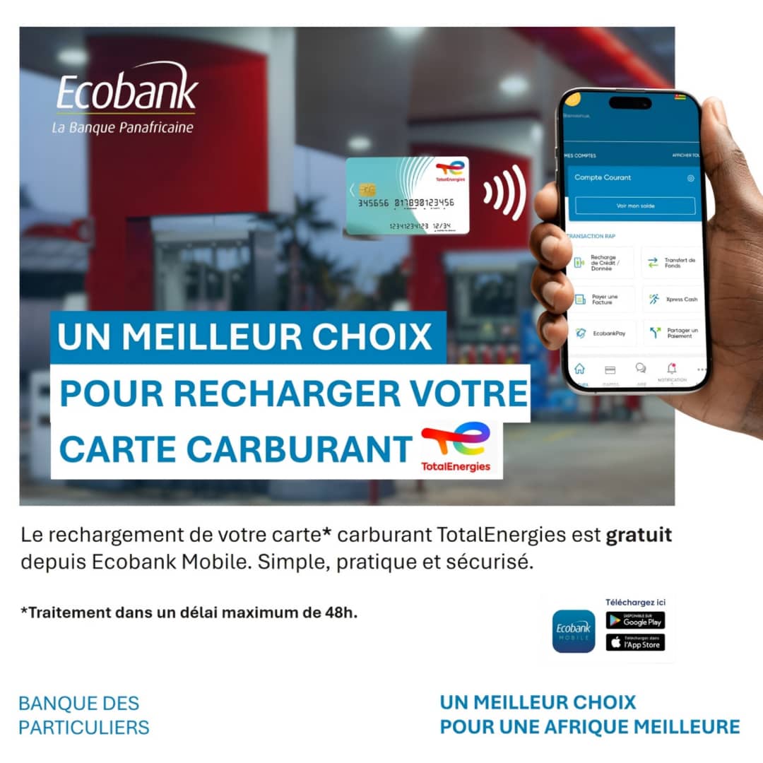 Ecobank Togo (@ecobanktogo) on Twitter photo Rechargez votre carte carburant #TotalEnergies gratuitement depuis #EcobankMobile.
Suivez ces étapes :
1ïžâŁ Ouvrez lâapp
2ïžâŁ Paiement de facture
3ïžâŁ Prestation de service
4ïžâŁ SĂ©lectionnez TotalEnergies
5ïžâŁ Saisissez le montant et validez
Simple, rapide, 0 frais.
#EcobankTogo #Togo Rechargez votre carte carburant #TotalEnergies gratuitement depuis #EcobankMobile.
Suivez ces étapes :
1ïžâŁ Ouvrez lâapp
2ïžâŁ Paiement de facture
3ïžâŁ Prestation de service
4ïžâŁ SĂ©lectionnez TotalEnergies
5ïžâŁ Saisissez le montant et validez
Simple, rapide, 0 frais.
#EcobankTogo #Togo