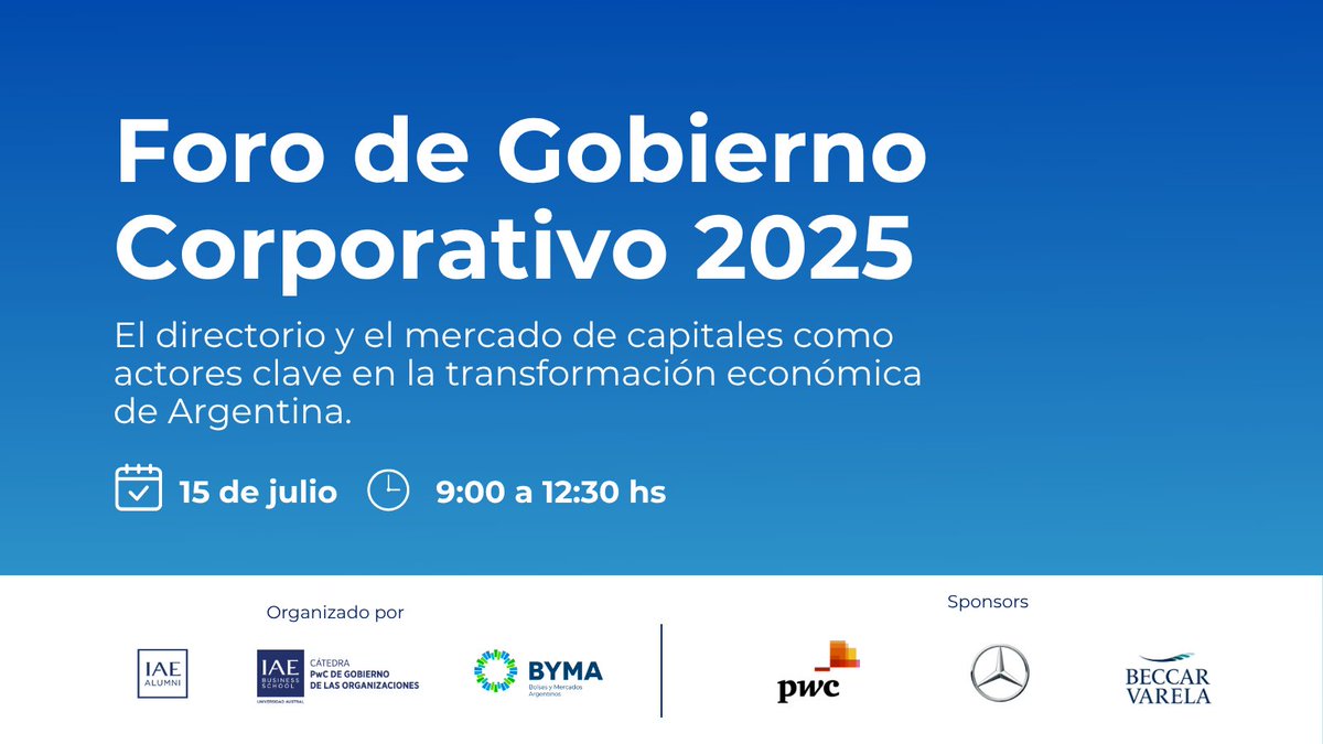 Foro de Gobierno Corporativo 2025

Te esperamos en una nueva edición del #Foro, un evento organizado junto a a la Cátedra PwC de Gobierno de las Organizaciones, <a href="/CorpGovIAE/">Cátedra PwC de Gobierno de las organizaciones IAE</a>, y Alumni de IAE, <a href="/IAE_Austral/">IAE Business School</a>.

📅 Martes 15 de julio
🕜 De 9 a 12:30 hs
📍Presencial

👥 Dirigido a