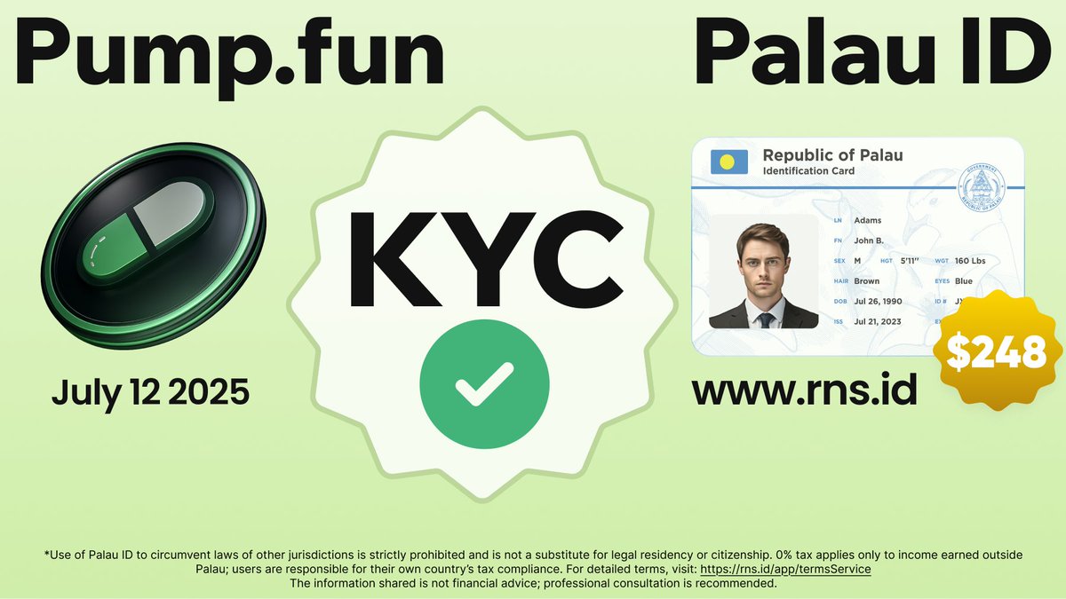RNS.ID ๐ (@rns_global) on Twitter photo Opportunities like Pumpfun launch come around more often than you'd think.
Be KYC ready - Plan ahead.
Get your Palau ID: rns.id๐
DM us until 7/13 to claim LIMITED $10 Palau ID voucher by:
1.) Following <a href="/RNS_global/">RNS.ID ๐</a>
2.) Retweeting this post Opportunities like Pumpfun launch come around more often than you'd think.
Be KYC ready - Plan ahead.
Get your Palau ID: rns.id๐
DM us until 7/13 to claim LIMITED $10 Palau ID voucher by:
1.) Following <a href="/RNS_global/">RNS.ID ๐</a>
2.) Retweeting this post