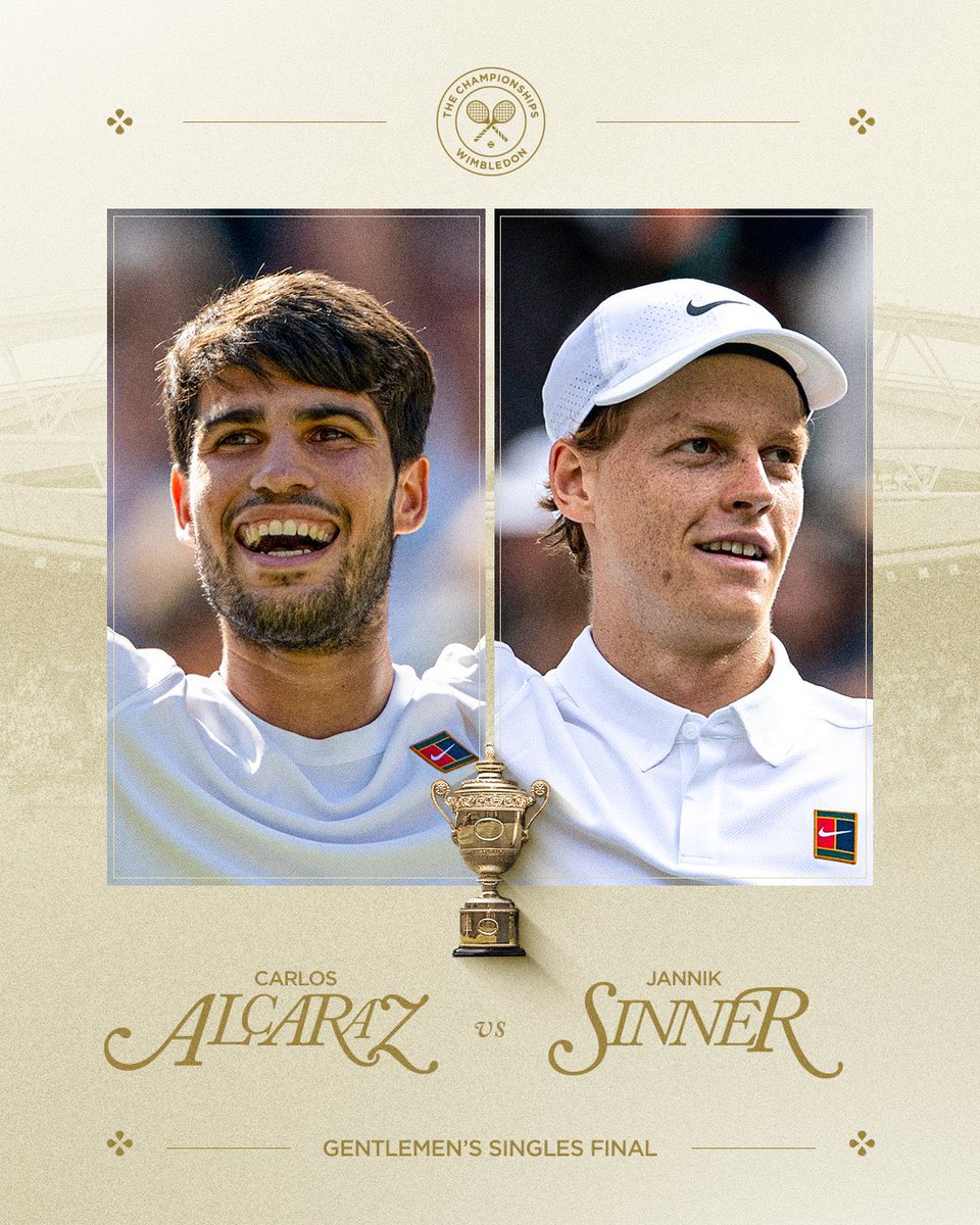 This Sunday will be absolute entertainment.🍿

Round 2 after the Rolland Garros Blockbuster Final..

Peak Rivalry #Sinner * #Alcaraz 

#Wimbledon2025 #Jannik