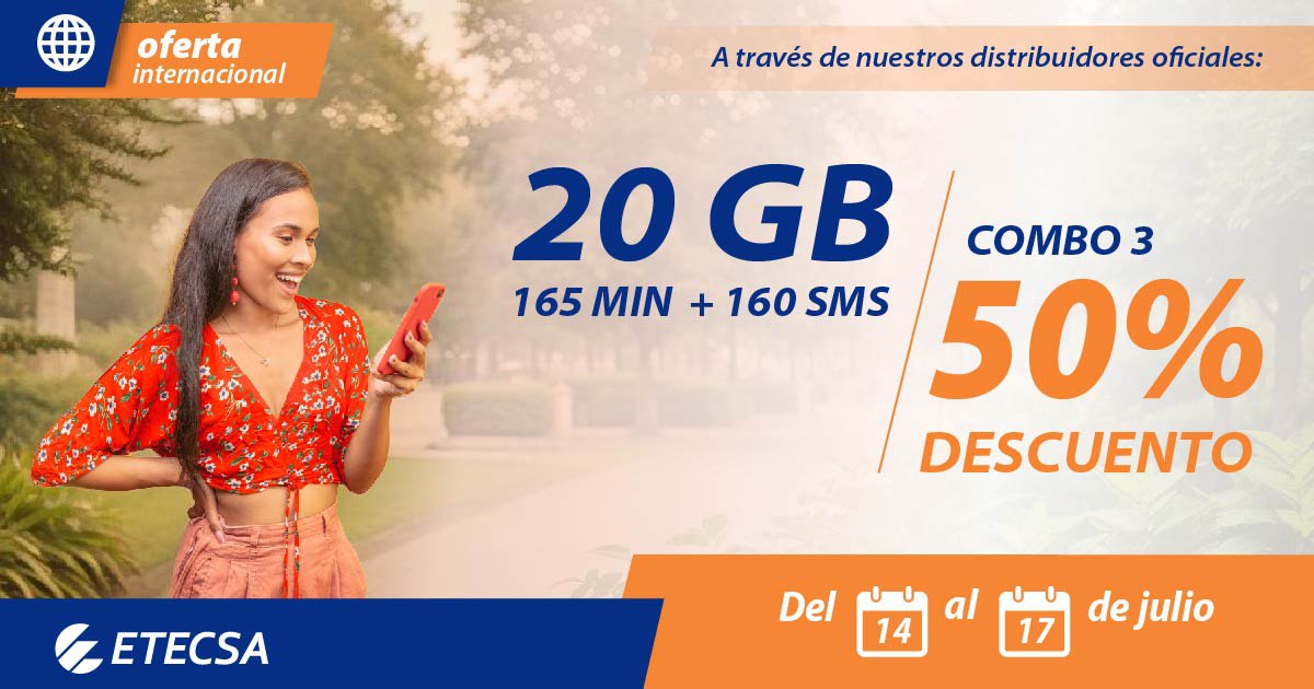 Si recibes la compra del Combo 3 a través de nuestros distribuidores internacionales, del 14 al 17 obtienes: 20GB +165 MIN+160SMS.
 📲  Si posees algún producto internacional vigente, recibes 500CUP en el saldo.
Entérate en etecsa.cu 🔗
#RecargaInternacional
