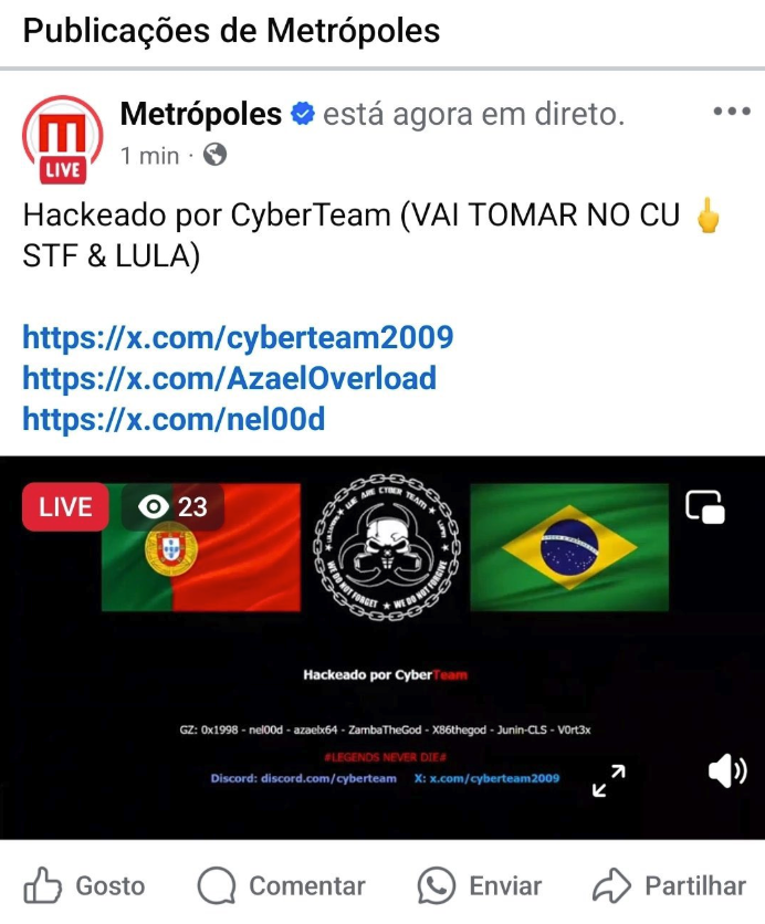 _venarix_'s tweet image. 🇧🇷 #Metrópoles (@Metropoles), the digital news portal, has once again fallen victim to a #cyberattack on its social media accounts, this time claimed by the #hacker group #CyberTeam.

Stay informed, monitor cyber threats, and sign up for free on #VenariX 👉