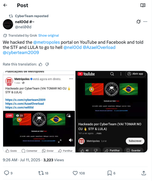 _venarix_'s tweet image. 🇧🇷 #Metrópoles (@Metropoles), the digital news portal, has once again fallen victim to a #cyberattack on its social media accounts, this time claimed by the #hacker group #CyberTeam.

Stay informed, monitor cyber threats, and sign up for free on #VenariX 👉