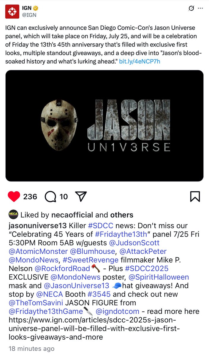 evilekim33's tweet photo. BIG F13th NEWS! @JasonUniverse13 has a SDCC panel on Friday July 25th at 5:30! Included in this panel will be a look at the new show, the @SpiritHalloween 2025 hockey mask, new @MondoNews posters, and a reveal of a new NECA figure based on Savini’s game design!😮 #Fridaythe13th https://t.co/sQ6xwPUeXJ