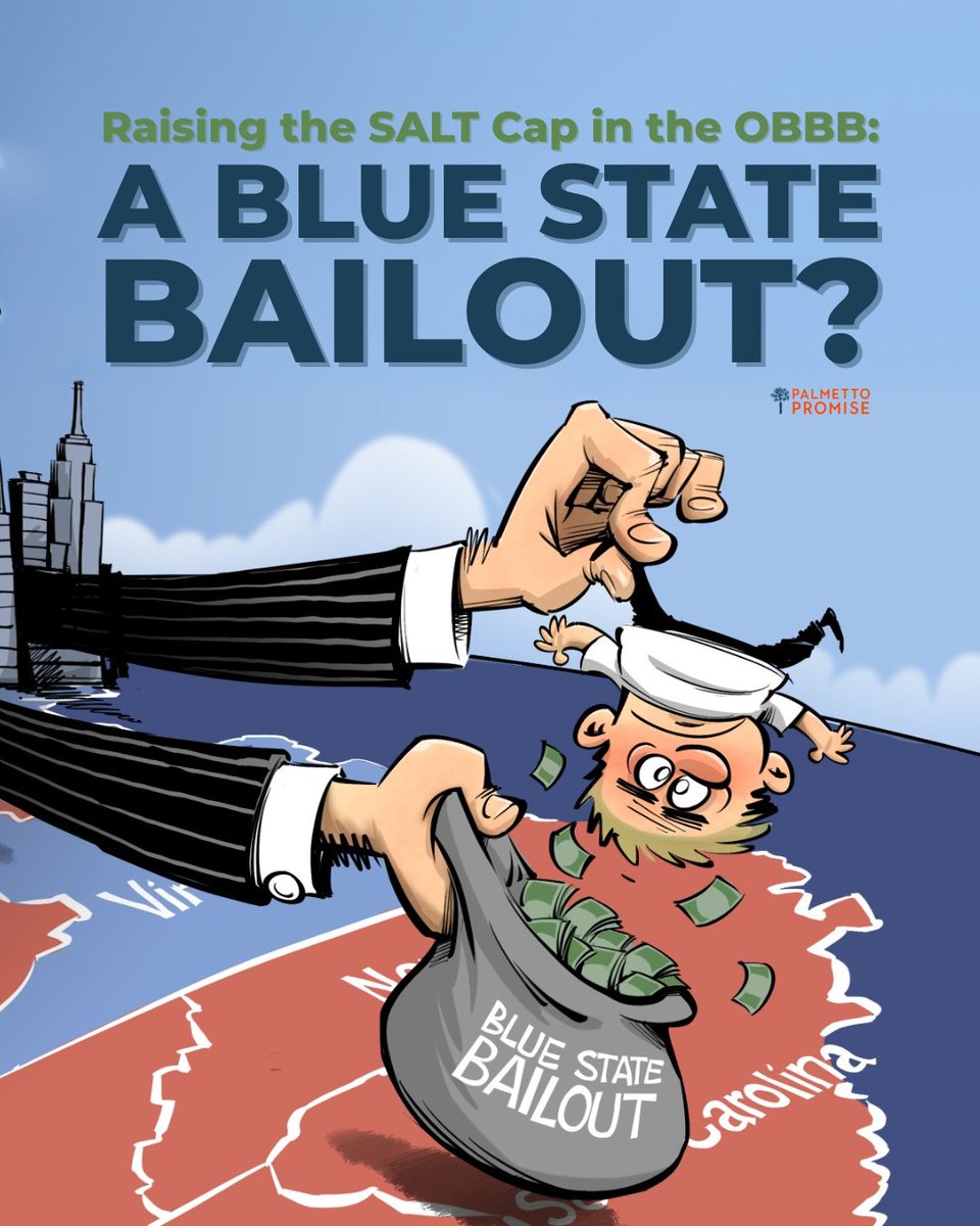 PalmettoPromise's tweet image. The One Big Beautiful Bill has many benefits, but it raises the state and local tax (SALT) deduction cap—a quiet win for blue-state elites & at a major, unevenly spread cost. Here are the issues with the current SALT cap: palmettopromise.org/raising-the-sa…