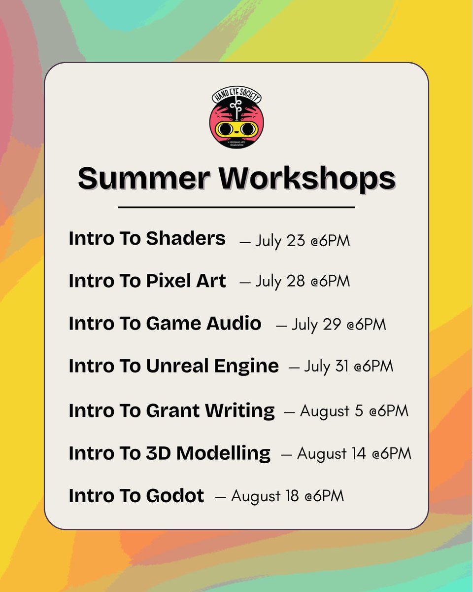 HandEyeSociety's tweet image. 🌞 Our summer workshops are here! 🌞
Hands-on, affordable, and accessible sessions taught by indie devs & creatives. Learn real tools + techniques you can use!
🔗 eventbrite.ca/o/hand-eye-soc…
#indiedev #indiegames #gamedevelopment