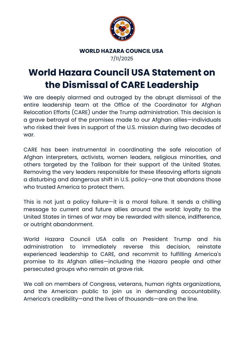 🚨The #Trump admin just removed the entire #CARE leadership team—abandoning Afghan allies who risked everything for us.
They’ve been vetted. They were promised safety.
Now they’re left in danger.

This is a moral failure.
#AfghanAllies #SIV #ForeignPolicy #StopHazaraGenocide