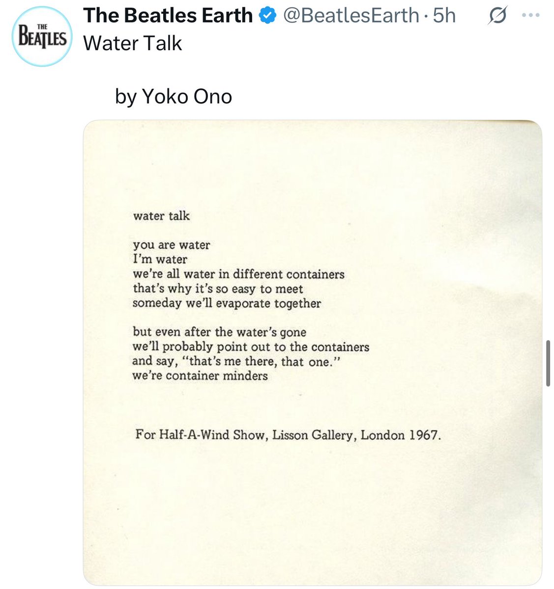 patrickmadrid's tweet image. MUGSHOT
Oh, Yoko.
If we’re all water in containers,
then I hope I’m one of those cool sports bottles
with a built-in mist spray for hot days.
Not like @Cyrus2274, who’s more of a lidless mason jar.
You can just tell.
Someday we’ll all evaporate, I told him,
and then who’ll…