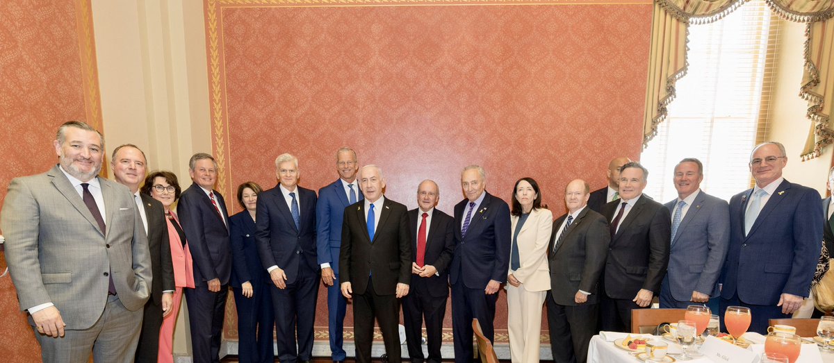 Medea Benjamin (@medeabenjamin) on Twitter photo Can you find <a href="/SenBooker/">Sen. Cory Booker</a> in this photo with war criminal Netanyahu? Is he hiding out of shame? We should name and shame these senators who support genocide:
Ted Cruz
Adam Schiff
Jacky Rosen
Steve Daines
Amy Klobuchar
Bill Cassidy
John Thune
Jim Risch
Chuck Schumer
Maria Cantwell Can you find <a href="/SenBooker/">Sen. Cory Booker</a> in this photo with war criminal Netanyahu? Is he hiding out of shame? We should name and shame these senators who support genocide:
Ted Cruz
Adam Schiff
Jacky Rosen
Steve Daines
Amy Klobuchar
Bill Cassidy
John Thune
Jim Risch
Chuck Schumer
Maria Cantwell