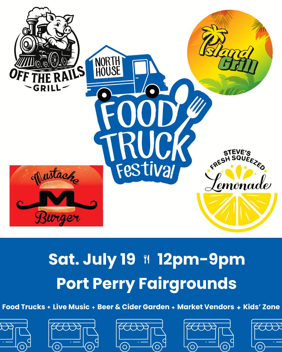 Here are our next four food trucks! 🚛 Join us for a day of food, music, drinks and fun! ☀️ We hope to see you there!

📆 Sat. July 19 12pm-9pm
📍 Port Perry Fairgrounds

🚛 Off The Rails Grill
🚛 Island Grill GTA
🚛 Mustache Burger
🚛 Steve's Lemonade