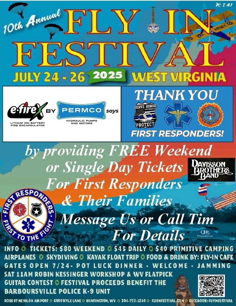 We’re so excited to be a part of #FlyInFestival this year! Our generous friends and partners at <a href="/Permco/">Permco</a> and <a href="/efire_x/">efireX</a> are giving away 100 FREE tickets to first responders. So if you’re law enforcement, Fire, or EMS - and you want tickets for you and your family, message the Fly In