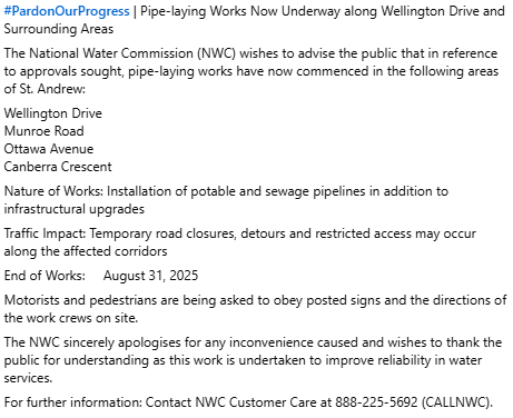 NWCjam's tweet photo. #PardonOurProgress | Pipe-laying Works Now Underway along Wellington Drive and Surrounding Areas 

The NWC wishes to advise the public that in reference to approvals sought, pipe-laying works have now commenced along some areas of St. Andrew. 

See full release: https://t.co/YpC0ZY1S2R