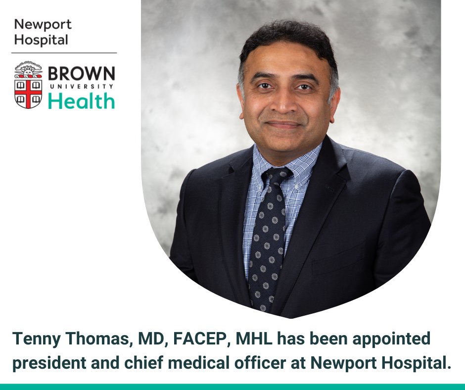 BrownUnivHealth's tweet image. Please join us in welcoming Dr. Tenny Thomas to Newport Hospital as the new president and chief medical officer! Dr. Thomas previously served as chief medical officer for Beth Israel Deaconess-Plymouth. Learn more about Dr. Thomas: brownhealth.org/providers/tenn…