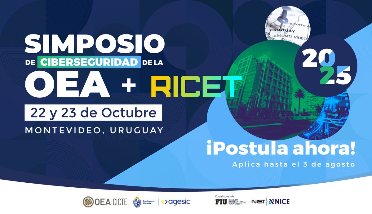 🌎 ¿Formas parte del ecosistema cibernético en las Américas?
Entonces #RICET2025 y el #OEACyberSimposio2025 son para ti.
Un espacio para impulsar la cibereducación, fomentar la capacitación y construir alianzas estratégicas en la región.
🗓️ 22 y 23 de octubre | Montevideo 🇺🇾
🔗