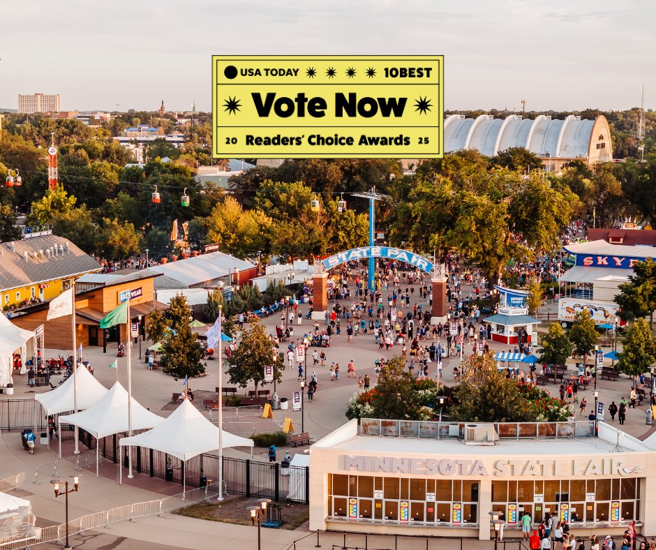 mnstatefair's tweet image. The Minnesota State Fair is nominated for Best State Fair by USA TODAY – Show your Minnesota pride by helping us secure the top spot! 🏆
Vote daily NOW until Monday, July 28: 10best.usatoday.com/awards/best-st…