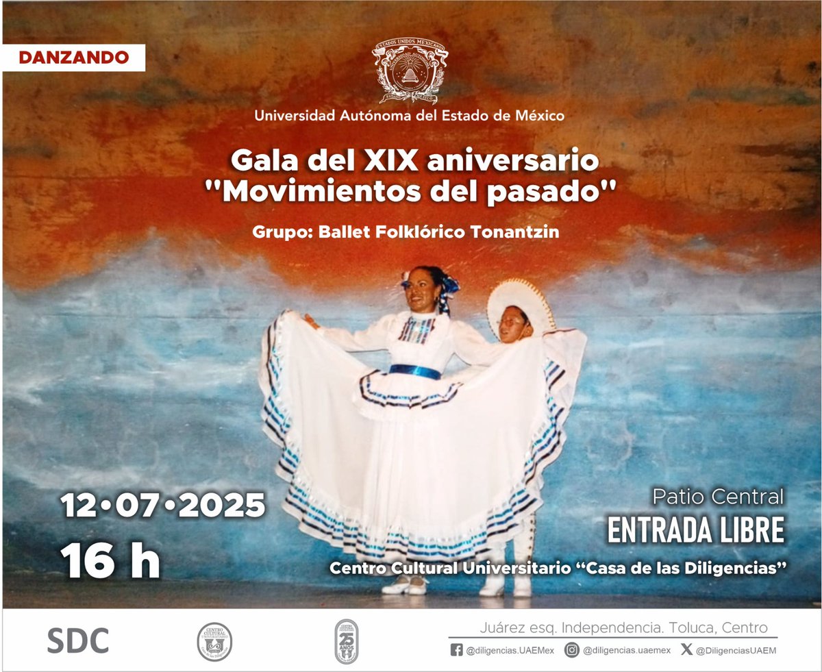 UAEMéx (@uaem_mx) on Twitter photo 💃🏿🕺🏾Te invitamos a disfrutar una tarde llena de folclor, identidad y tradición con la Gala del XIX aniversario del Movimiento del Pasado que presenta el grupo de Ballet Folclórico Tonantzin
📍 <a href="/DiligenciasUAEM/">Casa de las Diligencias UAEMéx</a>
🗓 Sábado 12 de julio 🕓 16 h 💃🏿🕺🏾Te invitamos a disfrutar una tarde llena de folclor, identidad y tradición con la Gala del XIX aniversario del Movimiento del Pasado que presenta el grupo de Ballet Folclórico Tonantzin
📍 <a href="/DiligenciasUAEM/">Casa de las Diligencias UAEMéx</a>
🗓 Sábado 12 de julio 🕓 16 h